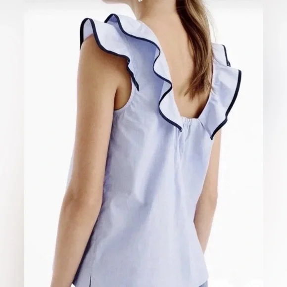 J Crew Womens s14 Ruffle Blouse Cotton Poplin Feminine Nautical Blue 100% cotton - Picture 2 of 13
